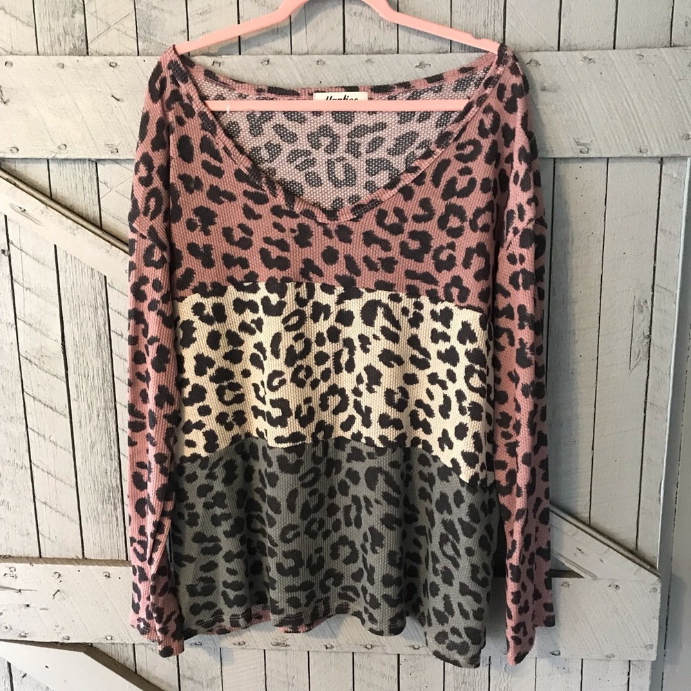 Boutique Animal Print Color Block V Neck Top